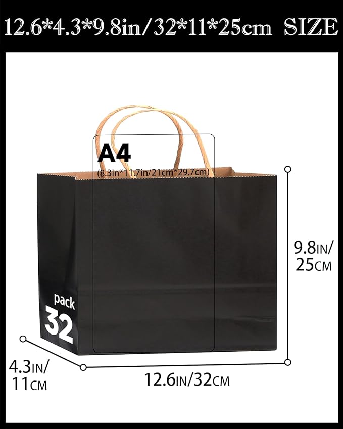 qiqee 30-Packs Black Gift Bags with Handles Bulk 13"x4.5"x10" Wide Large Size Kraft Party Paper Bags
