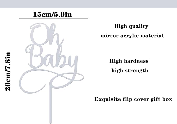 Oh Baby Cake Topper - Glitter Silver Acrylic Baby Shower Cake Decorations, Gender Reveal Cake Pick (Silver)