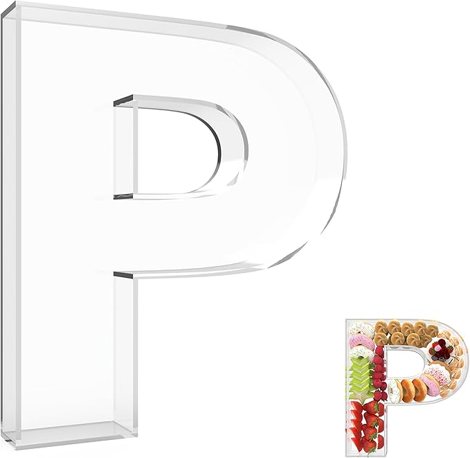 13.8" Extra Large Acrylic Letter Charcuterie Board Box, Reusable Fillable Letter Cake Candy Dish Display Serving Tray for Birthday Anniversary Party Decoration (P)