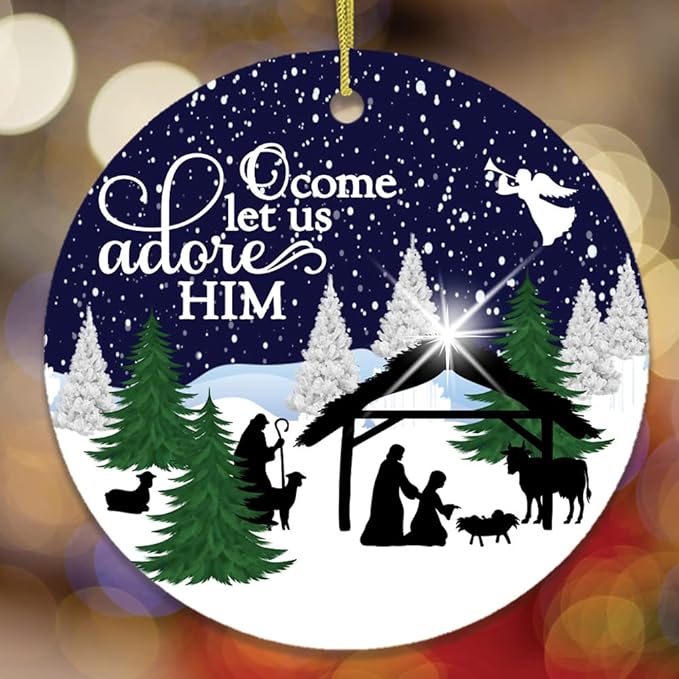 Religious Themed Christmas Ornaments, Nativity and Jesus Christ Decorations - O Come Let us Adore Him Nativity Birth of Christ Christmas Ornament