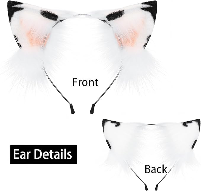 QinRuan Animal Cosplay Costume Accessories Furry Faux Fur Cat Ears Headband and Fox Tail Set Halloween Accessory