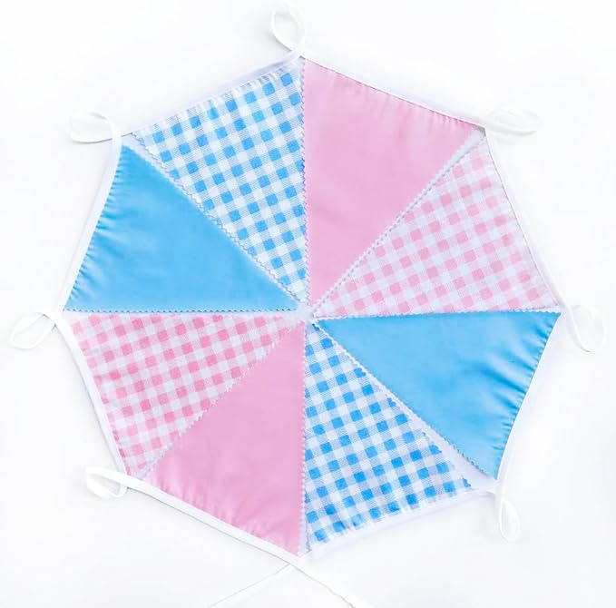 32Ft Pink Blue Gingham Party Decorations Blue Pink Gingham Fabric Triangle Banner Flag Plaid Pennant Garland Streamer for Gender Reveal Birthday Boy or Girl Baby Shower He or She Party Decor Supplies