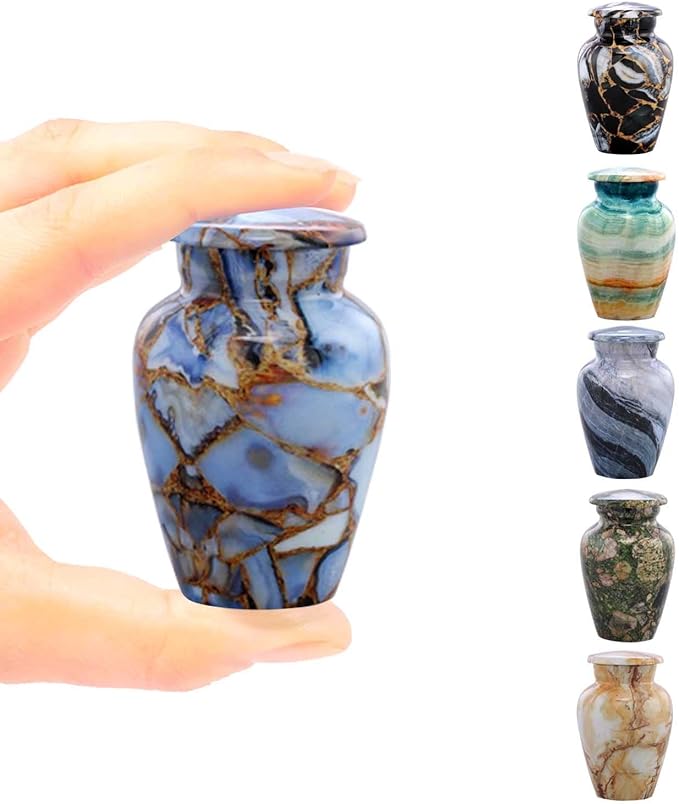 Small Keepsake Cremation Urns for Human Ashes - Marble Finish Metal Keepsake Urn - Mini Cremation Urn for Pet Ashes - Handcrafted Memorial Urn - Funeral Urns with Velvet Bag (Luxury Blue)