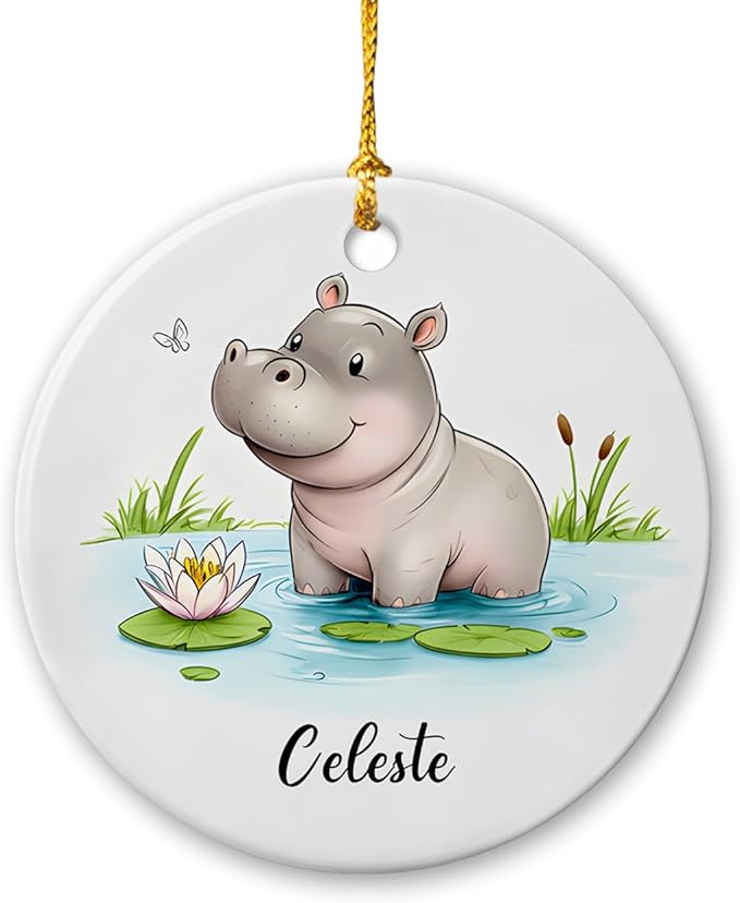 Baby Hippo with Nature Ornament, Hippo Christmas Keepsake with Customized Name, Cute Hippopotamus Ceramic Decoration, Gift for Family Friends Him Her Animal Lovers, Personalized Wild Animal Ornament