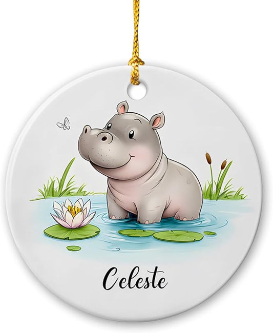 Baby Hippo with Nature Ornament, Hippo Christmas Keepsake with Customized Name, Cute Hippopotamus Ceramic Decoration, Gift for Family Friends Him Her Animal Lovers, Personalized Wild Animal Ornament