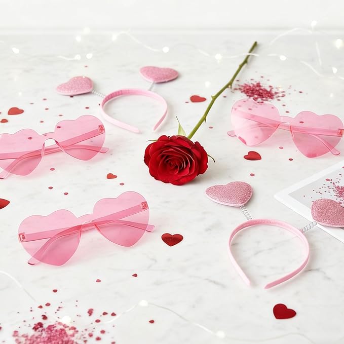 Valentines Heart Headband and Heart Sunglasses 24Pcs Pink Valentine's Day Accessories for Women Glitter Cupid Accessories for Valentine Wedding Anniversary Birthday Engagement Party Favors