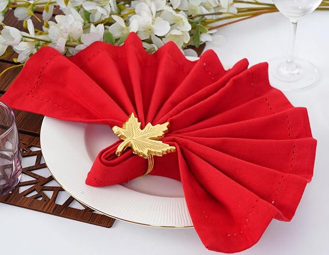 Blue Needles Set of 12 Hemstitch Linen Napkins 100% Cotton Red Cloth Dinner Napkins 18x18 inches, Soft, Reusable, Absorbent, Washable, Ideal for Fall Thanksgiving Events, Parties & Everyday Use