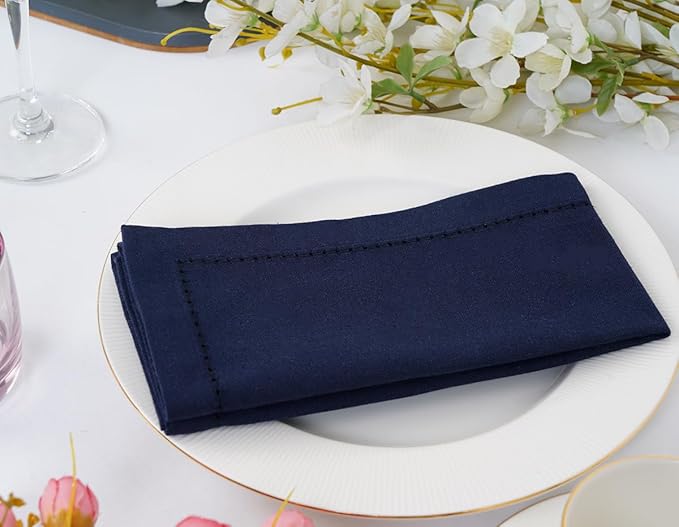 Blue Needles Set of 6 Hemstitch Linen Napkins 100% Cotton Navy Blue Cloth Dinner Napkins 18x18 inches, Soft, Reusable, Absorbent, Washable, Ideal for Fall Thanksgiving Events, Parties & Everyday Use