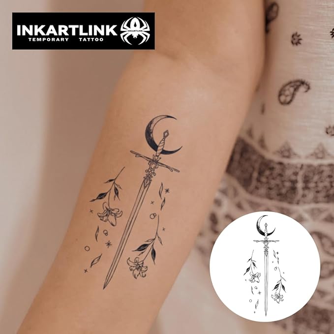 INKARTLINK Tattoo Tech, 2 Sheets Medium Semi Permanent Tattoo, Adult Art Design Temporary Tattoos, Lasts 1-2 Weeks, Waterproof, Realistic Look (Floral Language Series: Moonlight Sword Design)
