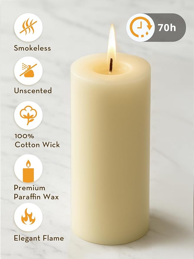 Ivory Pillar Candles, Set of 6, 70 Hour Long Burning, Unscented and Dripless Pillar Candles Bulk, Large Candles (3x6 inch) for Christmas Lights, Wedding, Parties, Spas, Home Decor