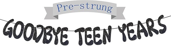 Goodbye Teen Years Glitter Banner, Pre-Strung, 20th Birthday Decorations, 20 & Fabulous, Happy 20 years old Anniversary Party Decoration Supplies Black