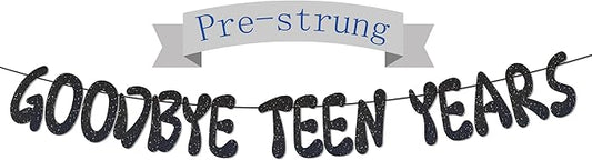 Goodbye Teen Years Glitter Banner, Pre-Strung, 20th Birthday Decorations, 20 & Fabulous, Happy 20 years old Anniversary Party Decoration Supplies Black
