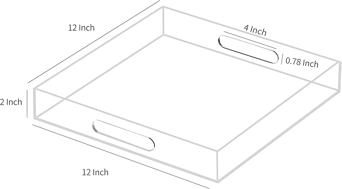 Clear Sturdy Acrylic Serving Tray with Handles 12x12x2H Inches -Spill Proof- Decorative Trays Countertop Organizer for Ottoman Coffee Table Nightstand, sidetable, Breakfast, Tea, Food