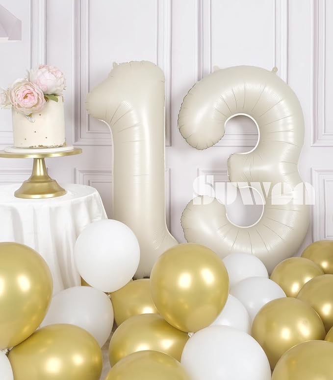 SUWEN 40 Inch Cream White Large 13 Number Balloons Big Foil Helium Number Balloons 0-9 Jumbo Happy 13th Mylar Birthday Party Decorations for Boy or Girl 31 Anniversary Party Supplies