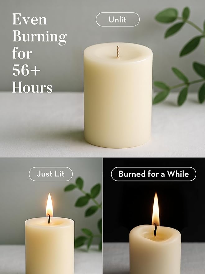 Ivory Pillar Candles, Set of 3, 56 Hour Long Burning, Unscented and Dripless, Large (3x4 inch) for Christmas Lights, Wedding, Parties, Spas, Home Decor