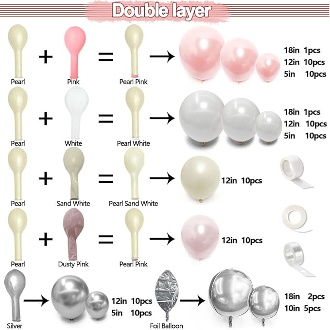 Pearl White and Pink Balloon Arch Double Stuffed Light Pink White Silver Balloon Garland with Sliver Foil Latex Balloons for Neutral Birthday Baby Girl Bridal Shower Wedding Party Decoration
