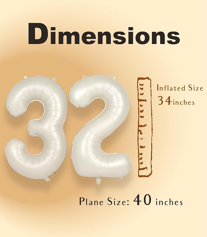 SUWEN 40 Inch Large Cream White 32 Balloon Numbers Big Foil Helium Number Balloons 0-9 Jumbo Happy 32nd Mylar Birthday Party Decorations for Women or men 23 Anniversary Party Supplies