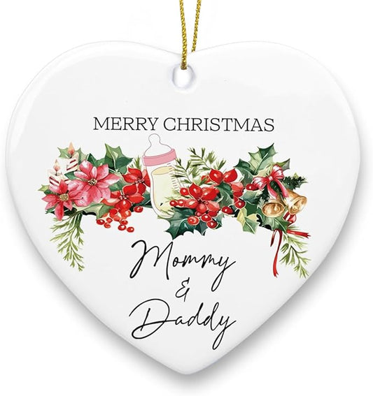 Christmas Baby Pregnancy Announcement Ornament New Parents Gifts for Couple Him Her New Mom Dad to Be Babys First Christmas Heart Ceramic Xmas Tree Ornament Decorations Boy Girl