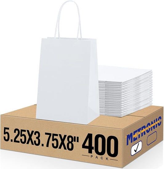 METRONIC Gift Bags 5.25x3.75x8 400Pcs, White Paper Bags with Handles, Kraft Paper Bag for Small Business, Paper Bag for Birthday Party Favors, Shopping