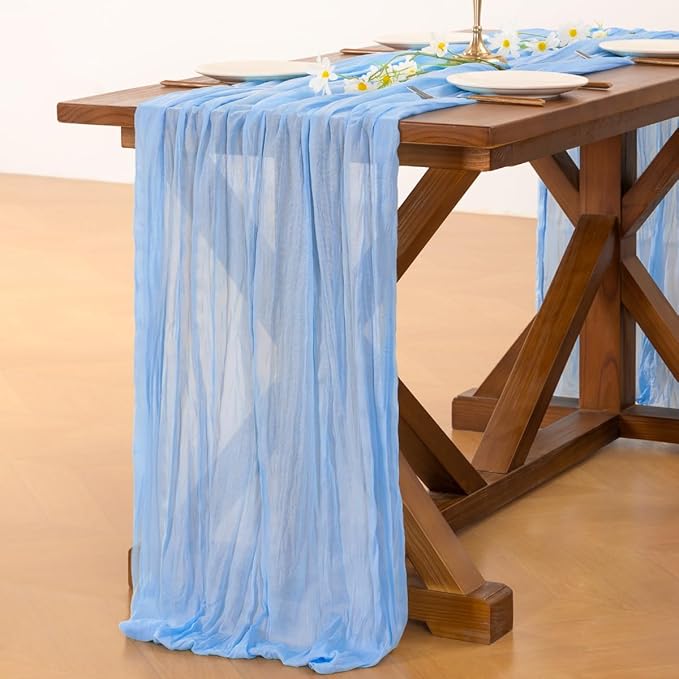 Socomi 3pcs Blue Fall Thanksgiving Cheesecloth Table Runner Boho Rustic Gauze 120 inch 10FT Cheese Cloth Runner for Wedding Party Baby Shower Birthday Home Decor Holiday Decorations