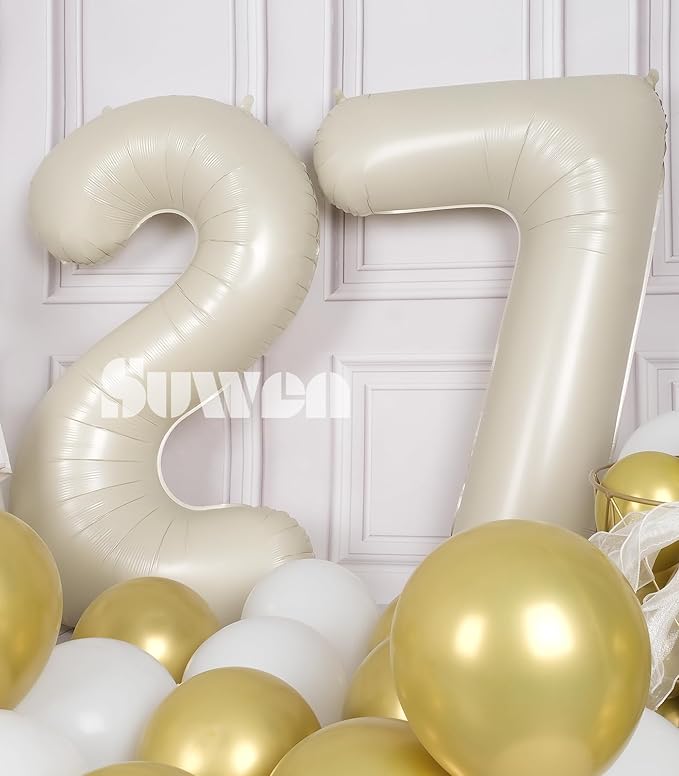 SUWEN 40 Inch Large Cream White 27 Balloon Numbers Big Foil Helium Number Balloons 0-9 Jumbo Happy 27th Mylar Birthday Party Decorations for Women or Men 72 Anniversary Party Supplies