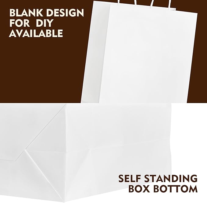 YEEHAW Medium Gift Bag, 50Pcs White Kraft Paper Bags with Handles, Eco-Friendly, Bulk Pack, 8''x4.5''x10.8'', Ideal for Wedding, Birthday, Party Favors, Holiday Gifts, Retail Bags