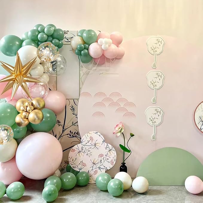 Sage Green Pink and Gold Balloon Arch Kit, 156Pcs Blush Pastel Pink and Green Garland with White Sand Metalic Gold 4D Star Balloons for Boho Girls Woodland Baby Shower Wedding Birthday