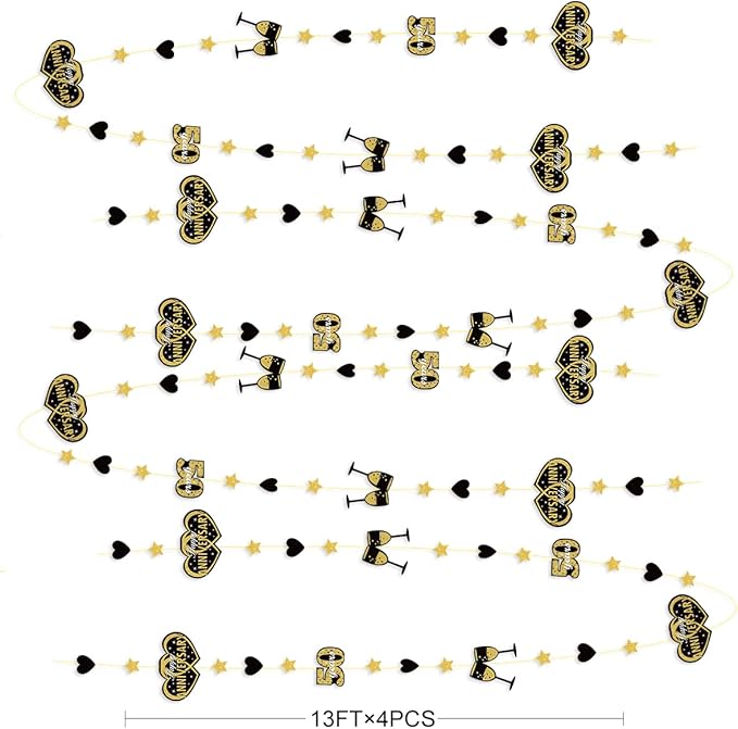 52 Ft Black Gold Happy Anniversary 50 years Heart Garland Streamer Twinkle Star Heart Cheers Number Fifty Hanging Paper Banner Backdrop for Fiftieth 50th Wedding Anniversary Party Decorations Supplies