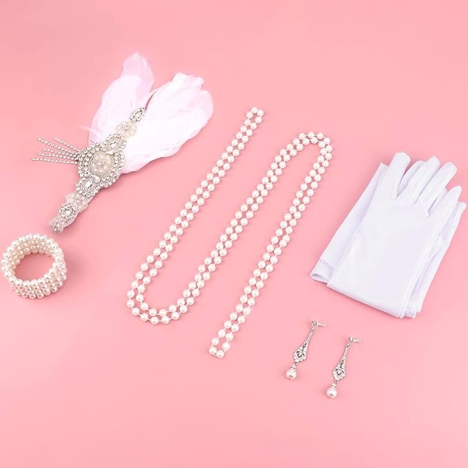 DRESHOW 1920s Great Gatsby Accessories for Women Flapper Headpiece Headband Gloves Costume Harlem Nights Accessories Set