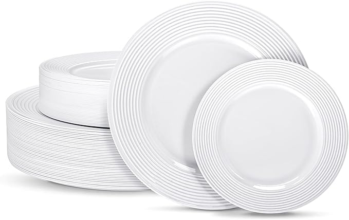 FLOWERCAT 100PCS White Plastic Plates - Heavy Duty Plastic Plates Disposable-Straw hat plates for Summer party &Wedding - Serve for 50guests party(10inch & 7inch)(White)