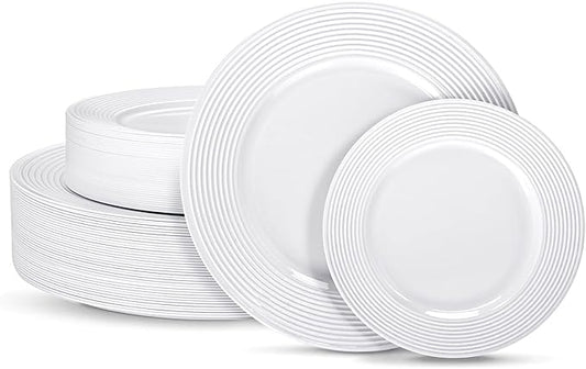 FLOWERCAT 100PCS White Plastic Plates - Heavy Duty Plastic Plates Disposable-Straw hat plates for Summer party &Wedding - Serve for 50guests party(10inch & 7inch)(White)