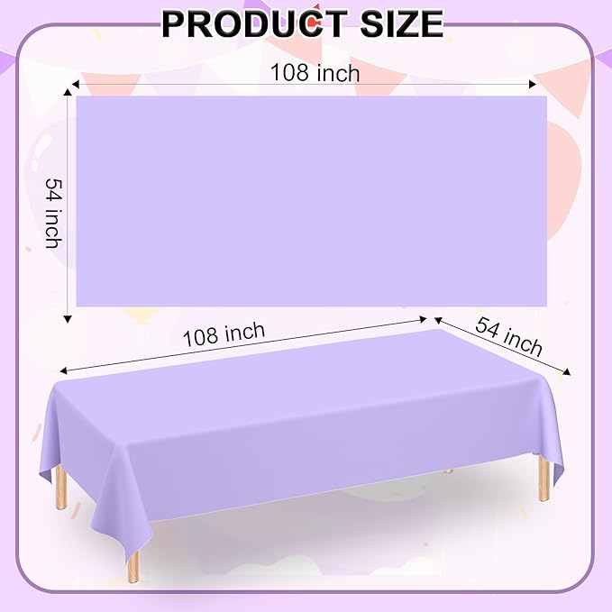 WNINK 6 Pack Light Purple Rectangular Plastic Tablecloths, Pastel Purple Disposable Table Covers 54" x 108" for Birthday, BBQ, Bridal Shower, Engagement Wedding, Picnic Parties and 8 ft Table Use