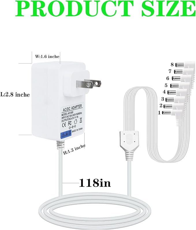 AC/DC 4.5V Power Adapter Compatible with Lemax Lighted Accessory AC DC Power Adapter for Christmas Halloween Village Mini Lighting Building Decoration(White,8 Output, Bend)