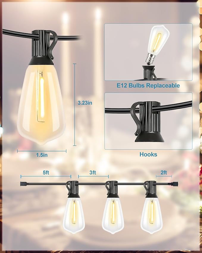 Lightdot 300FT Outdoor String Lights, LED Bistro String Lights with Shatterproof ST38 Bulbs, 2200K Dimmable, Waterproof Hanging Lights for Porch, Party, Garden, Backyard, Balcony - ETL Listed