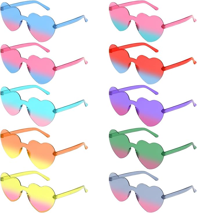 20 Pairs Heart Shaped Sunglasses, Rimless Colorful Candy Eyewear for Women & Men, Fun Transparent Jelly Love Glasses for Parties, Weddings, & Summer Events