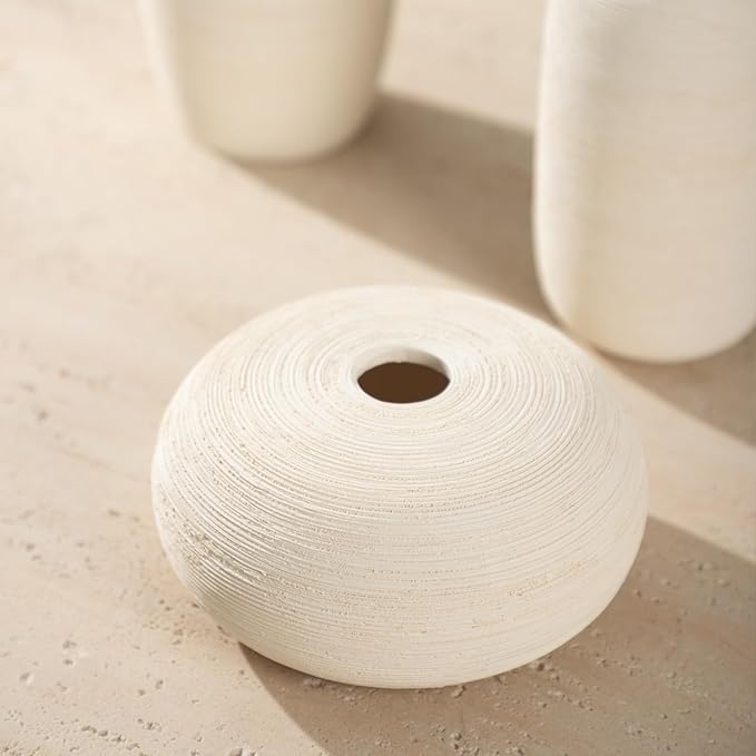 Ceramic Vase Set of 3 Flower Vases Home Decor Modern Boho Rustic Farmhouse Large Decorative Aesthetic Minimalist Matte Vases for Centerpieces Living Room Table Shelf (Beige White)