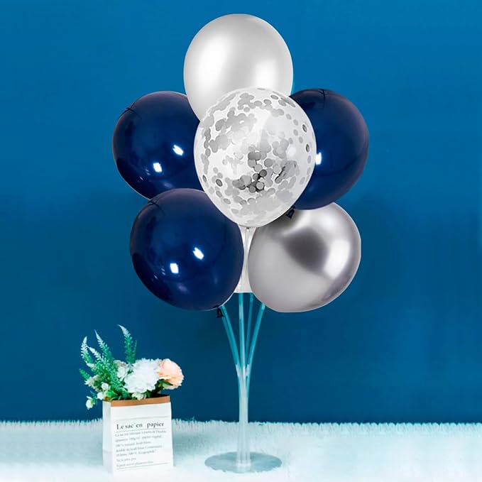 6 Set Balloon Stand with Blue and Silver Balloons Centerpiece Table Decorations Birthday Graduation Bridal Shower Wedding Anniversary Father's Day Retirement New Years Decorations 2025