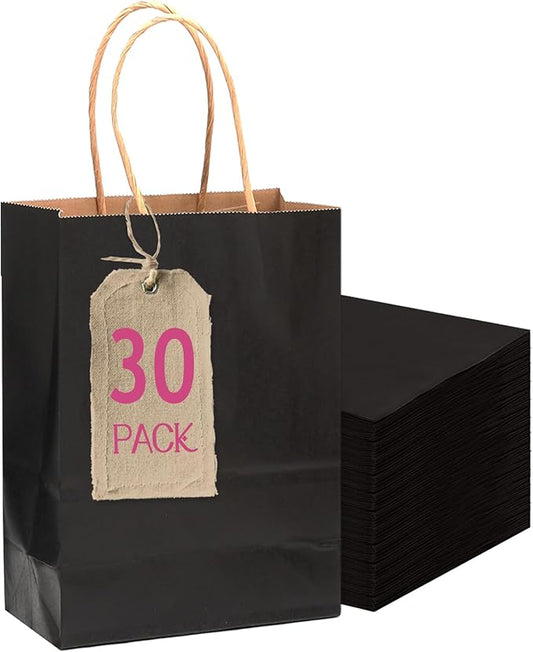 qiqee 30-Packs Black Gift Bags with Handles Bulk 4.5"x2.5"x6" Mini Size Kraft Party Paper Bags