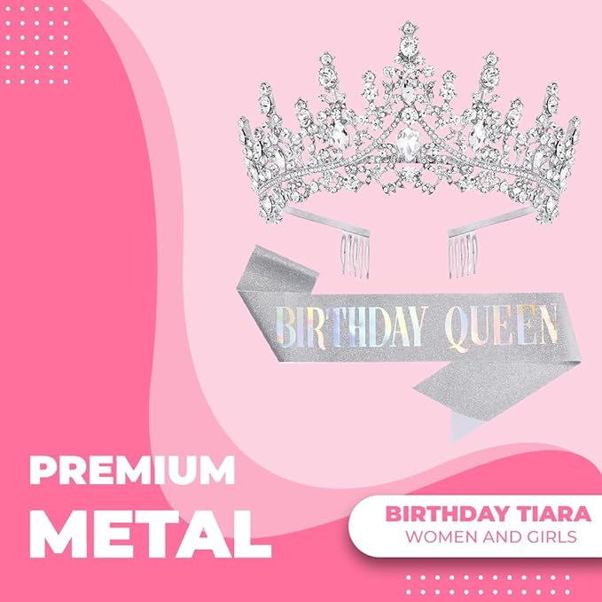 Birthday Tiara Crown with Sash for Women, Headband Hair Accessories for Wedding Party Costume Silver