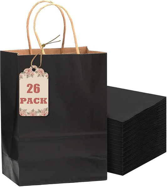 qiqee 26-Packs Black Gift Bags with Handles Bulk 8.3"x3"x 6" Small Size Kraft Party Paper Bags