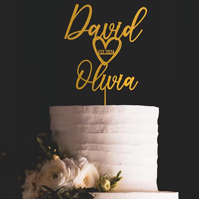 Noni Luxury Personalized Wedding Cake Topper with date and hear, Custom Cake topper, Personalized Cake Topper, Gold Cake Topper wedding, Rustic Wedding Cake Topper, Mr and Mrs Topper for Wedding Cake