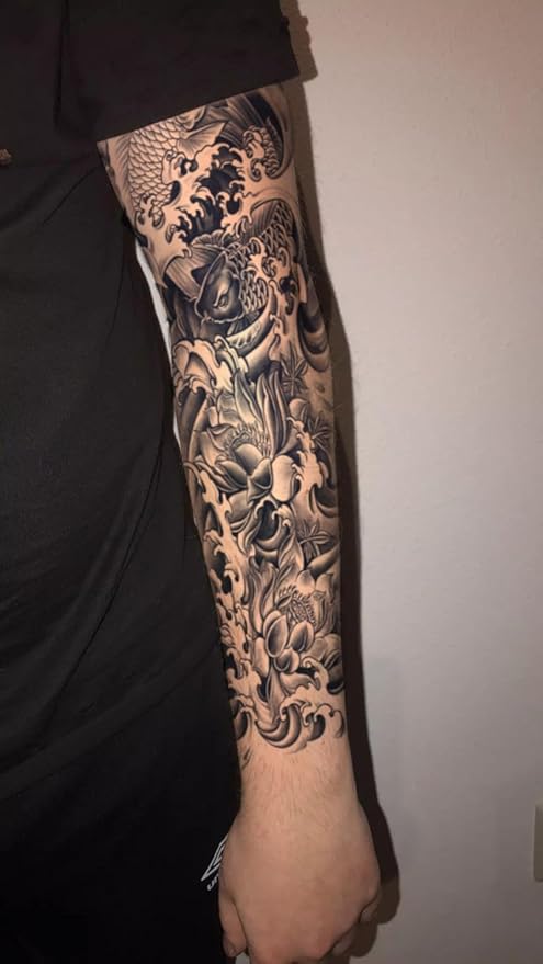 INKARTLINK Semi Permanent Tattoo, 2 Pieces Full Arm Large Size Art Party Tattoos, Comes with a Pair of Anti-Transfer Sleeves, Lasts 7-15 Days, Waterproof and Anti-Reflective (Koi, Lotus)