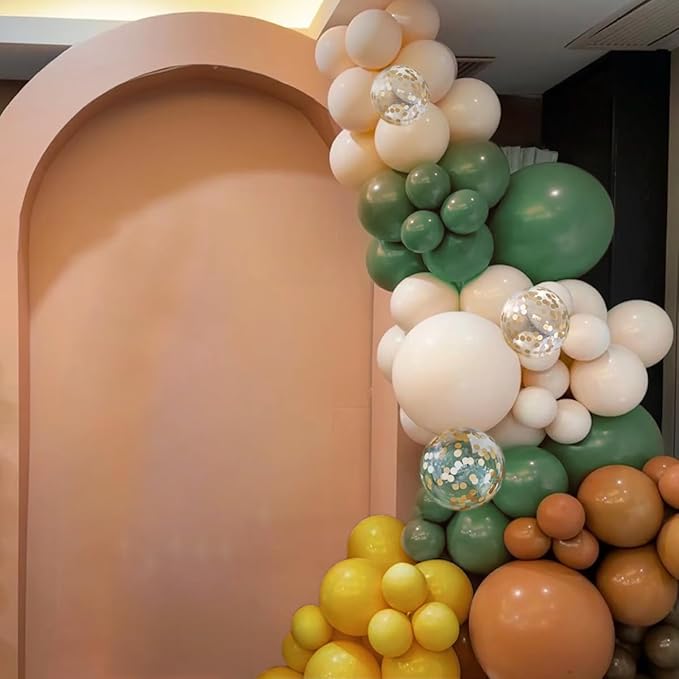 Brown Yellow Green White Balloon Arch Kit, 156Pcs Caramel Brown Mustard Yellow Sage Green White Sand Balloons Garland for Boho Safari Jungle Woodland Birthday Baby Shower Wedding