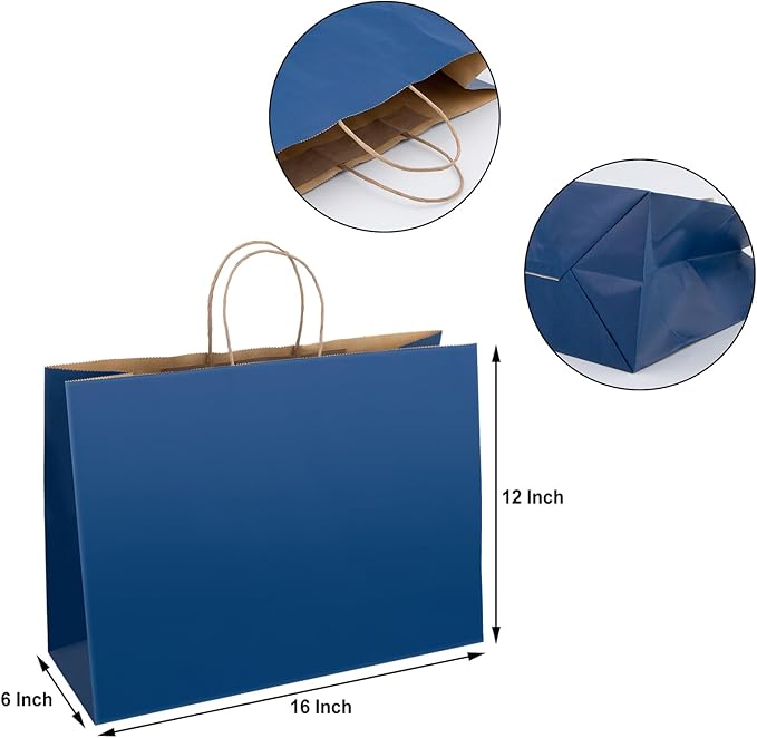 70Pcs Paper Bags with Handles 16x6x12 inch, Large Recycled Kraft Paper Bags Bulk for Shopping, Wedding,Business, Retail, Boutique, Party, Grocery, Party Favor - Navy Blue