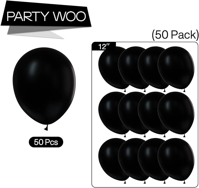 PartyWoo Black Balloons 50 pcs 12 Inch Latex Helium Matte Black Balloons for Baby Shower Birthday Graduation Casino Race Car Anniversary Retirement Pirate Gaming Theme Party Decorations Black-Y18