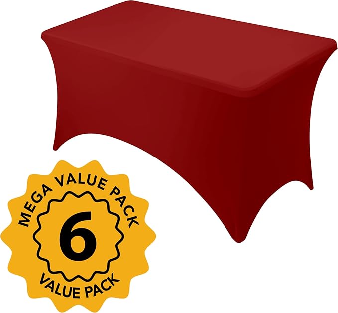 6-Pack Premium Red Spandex Tablecloths for 4ft Rectangle Tables, Stain & Wrinkle-Resistant, Washable Stretch Polyester Fitted Table Cover for Weddings, Banquets, Trade Shows Events