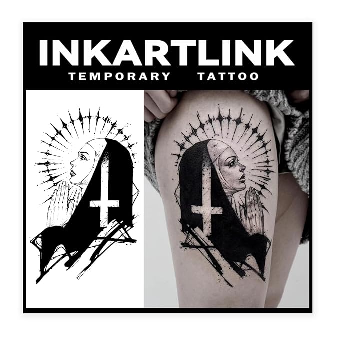 INKARTLINK Tattoo Tech, 2 Sheets Extra Large Semi Permanent Tattoo, Adult Art Design Temporary Tattoos, Lasts 1-2 Weeks, Waterproof, Realistic Look, No Adhesive, No Reflection (Pious Nun)