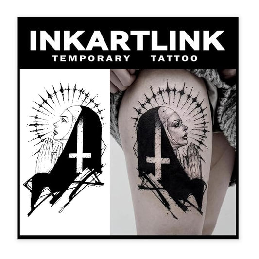 INKARTLINK Tattoo Tech, 2 Sheets Extra Large Semi Permanent Tattoo, Adult Art Design Temporary Tattoos, Lasts 1-2 Weeks, Waterproof, Realistic Look, No Adhesive, No Reflection (Pious Nun)