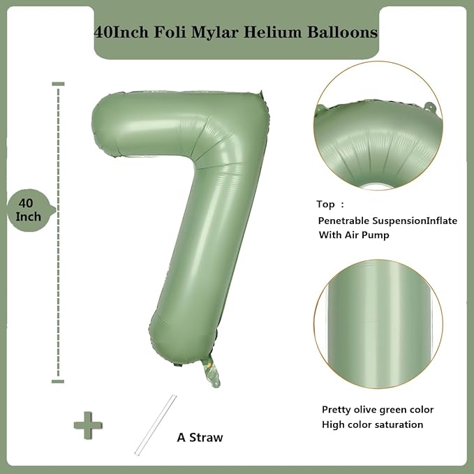 40 Inch Green Number Balloon 7 Olive Green Foil Balloon Sage Green 7 Balloons Mylar Helium Balloon for Birthday Party Decorations Girls Boys Baby Shower Wedding Anniversary Decoration (Number 7)