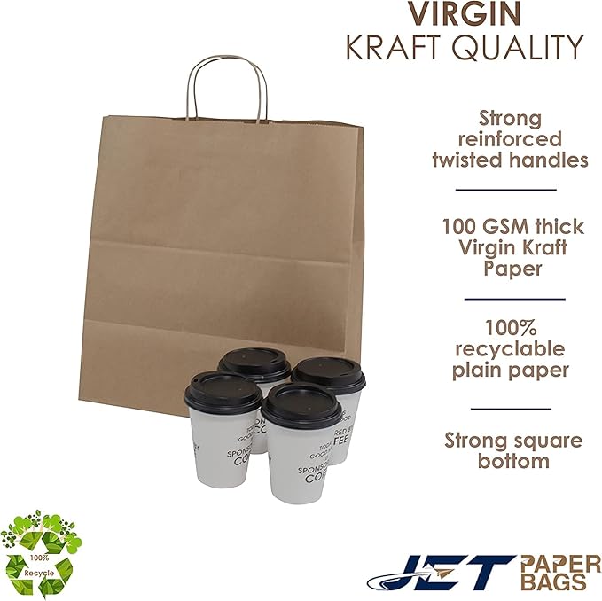 JET PAPER BAGS - 14”x9”x16” Inch [200 Pcs] Large Brown Paper Bags with Handles Prime for Takeout, Grocery, Goody, Retail, Party, Gifts, Weddings